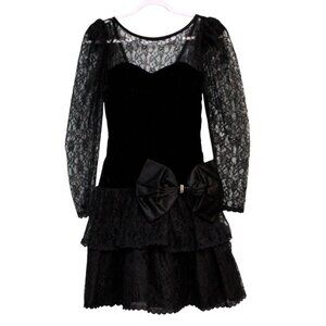 Vintage 80s Dress Size 5 Lace Black Velvet Goth Party Prom Steppin Out USA Bow